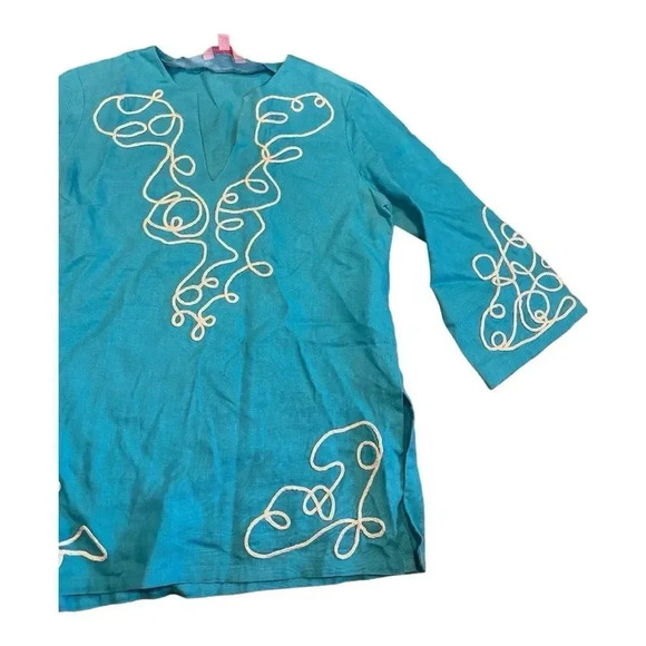 Lilly Pulitzer Turquoise Blue Linen Tunic Top With Applique Embroidery - Picture 3 of 12